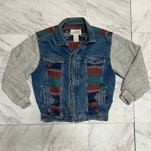 Vintage Ash Creek Trading Denim Jacket w Southwest Sweatshirt sleeves